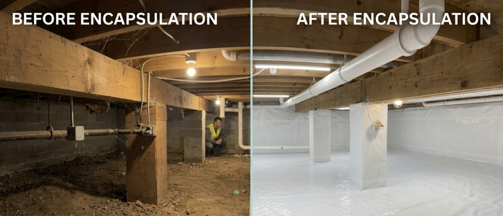 A professionally encapsulated residential crawl space with a thick white vapor barrier in Roanoke VA.